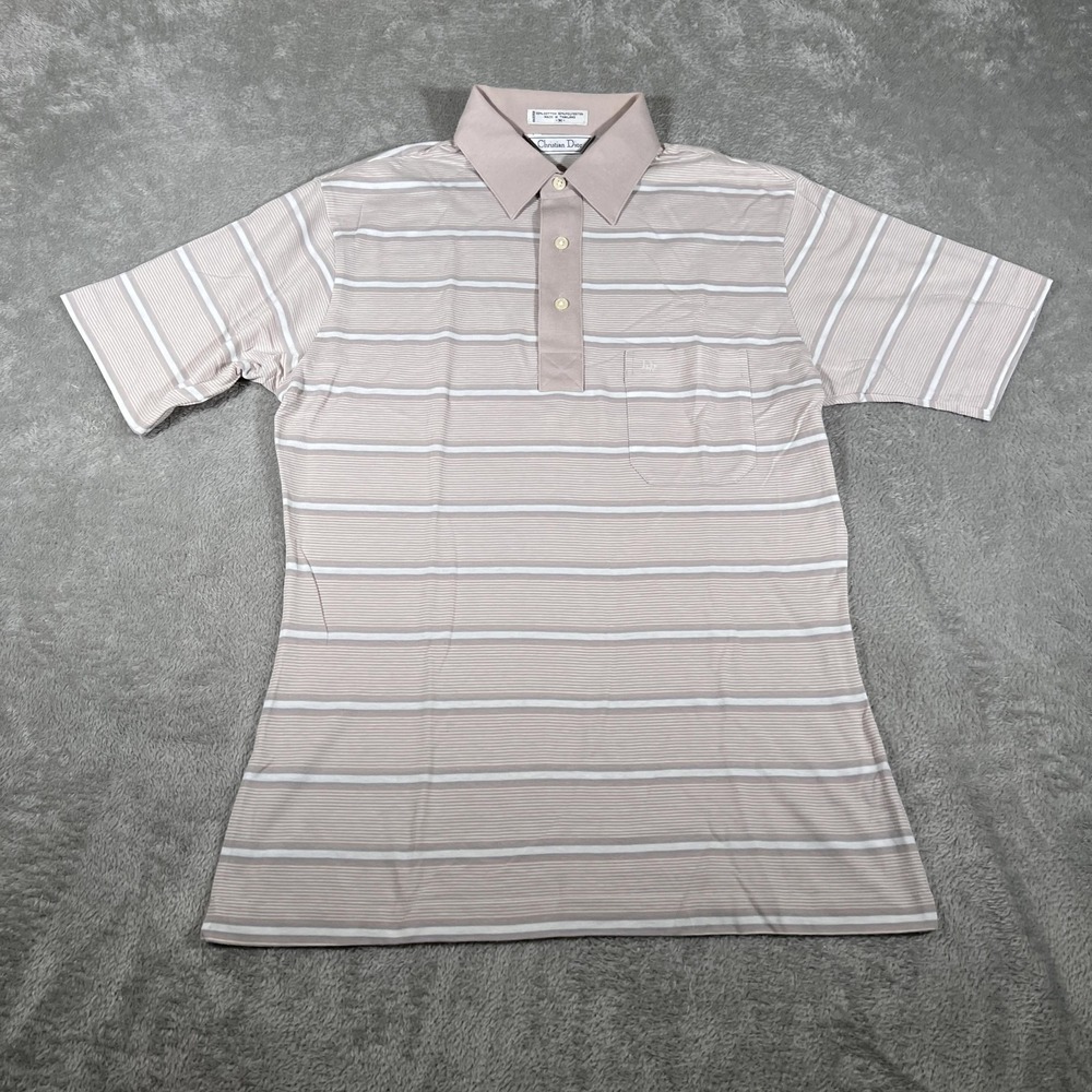 Christian Dior Polo Shirt Mens Medium Taupe Gray White Striped Chest Pocket Logo